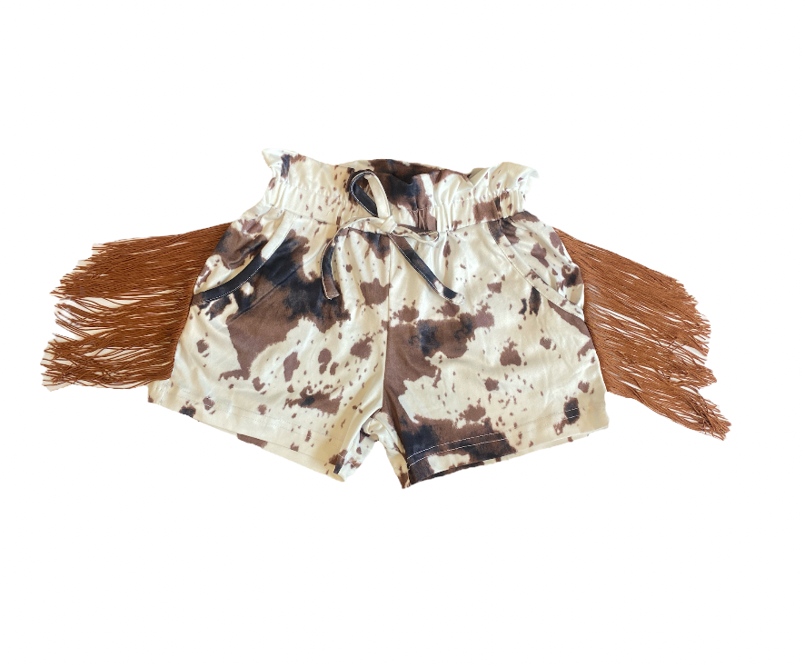 Brown Cowprint Shorts With Fringe