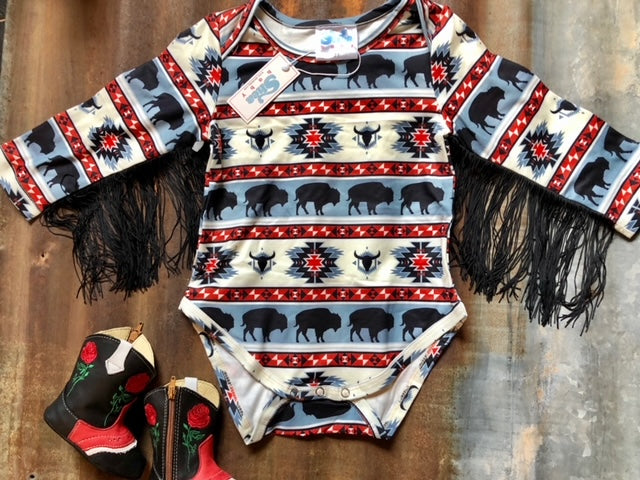 Buffalo With Fringe Long Sleeve Onesie