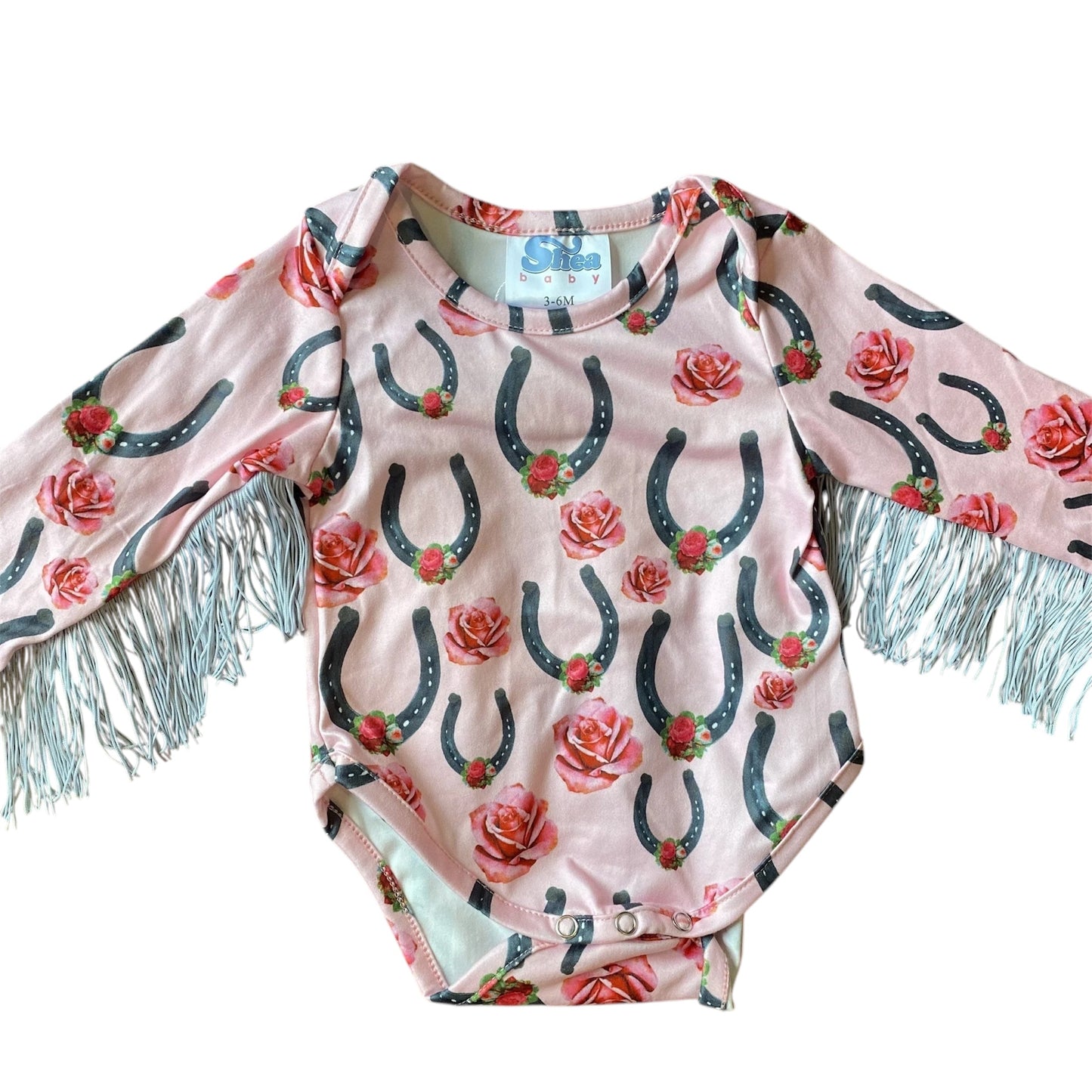 Pink Horseshoe & Rose With Fringe Long Sleeve Onesie