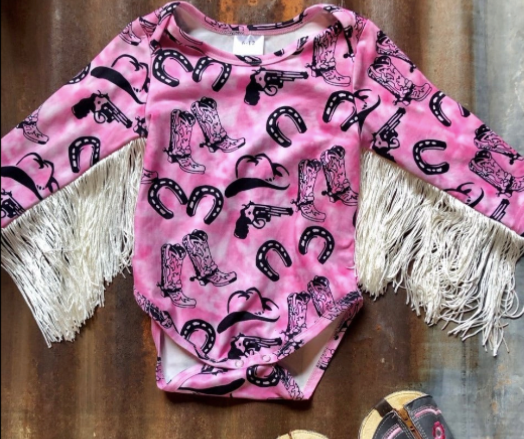 Pink Horseshoe With Fringe Onesie