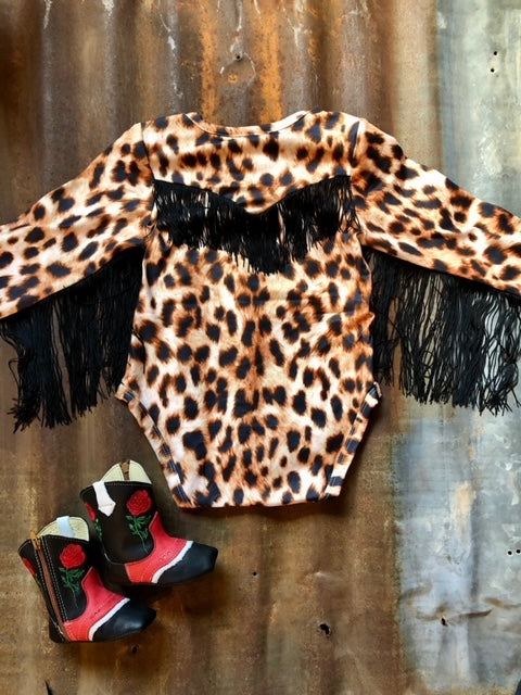 Cheetah Print Long Sleeve with Fringe Onesie