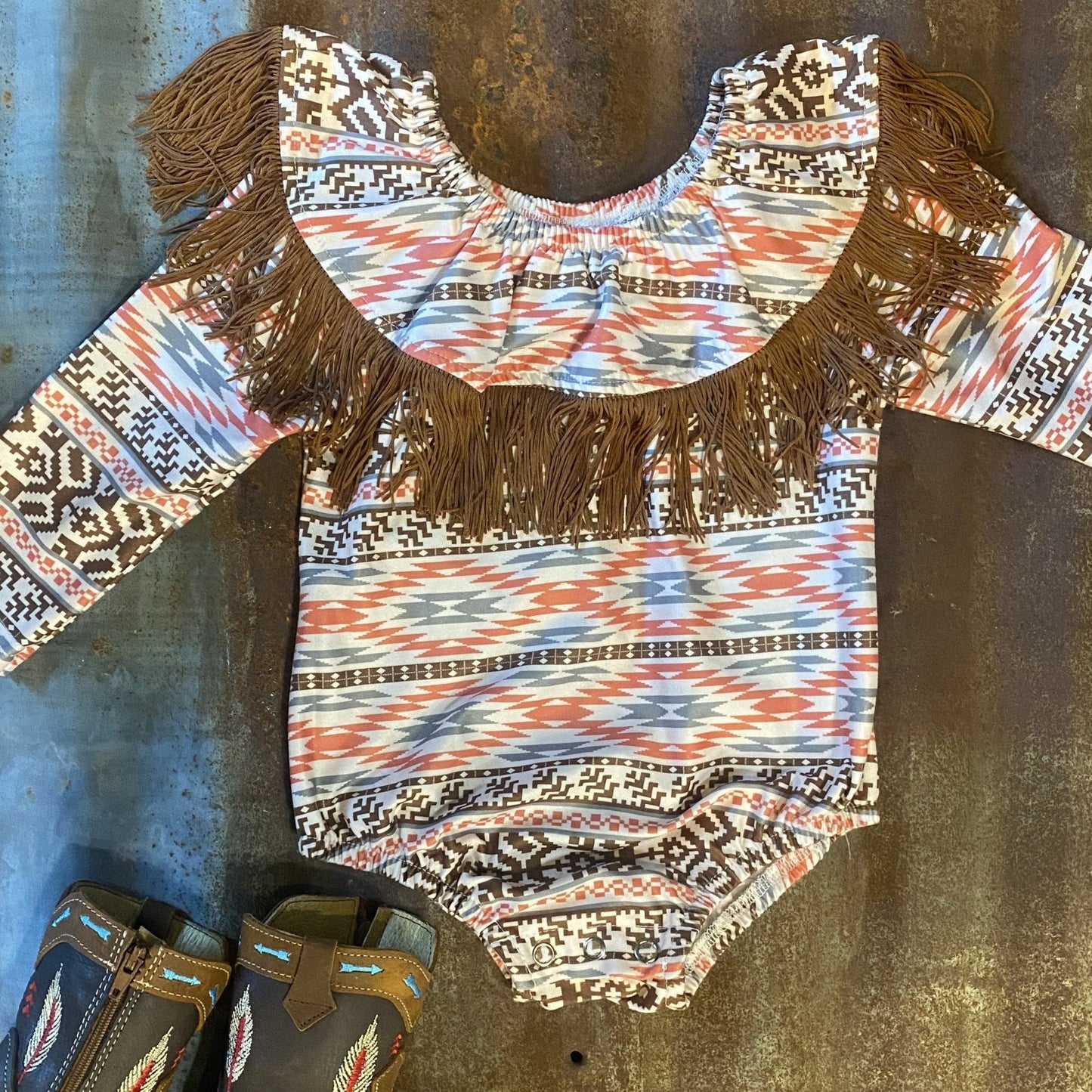 Brown Aztec Neck Fringe Long Sleeve Onesie