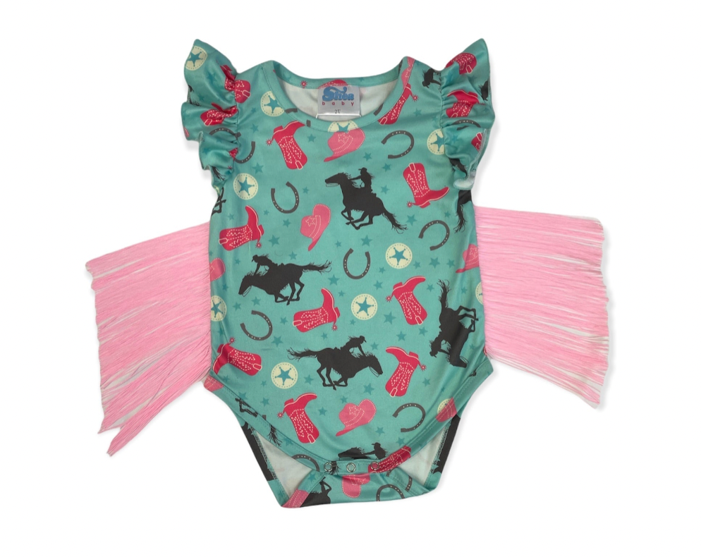Turquoise Cowgirl With Fringe Onesie