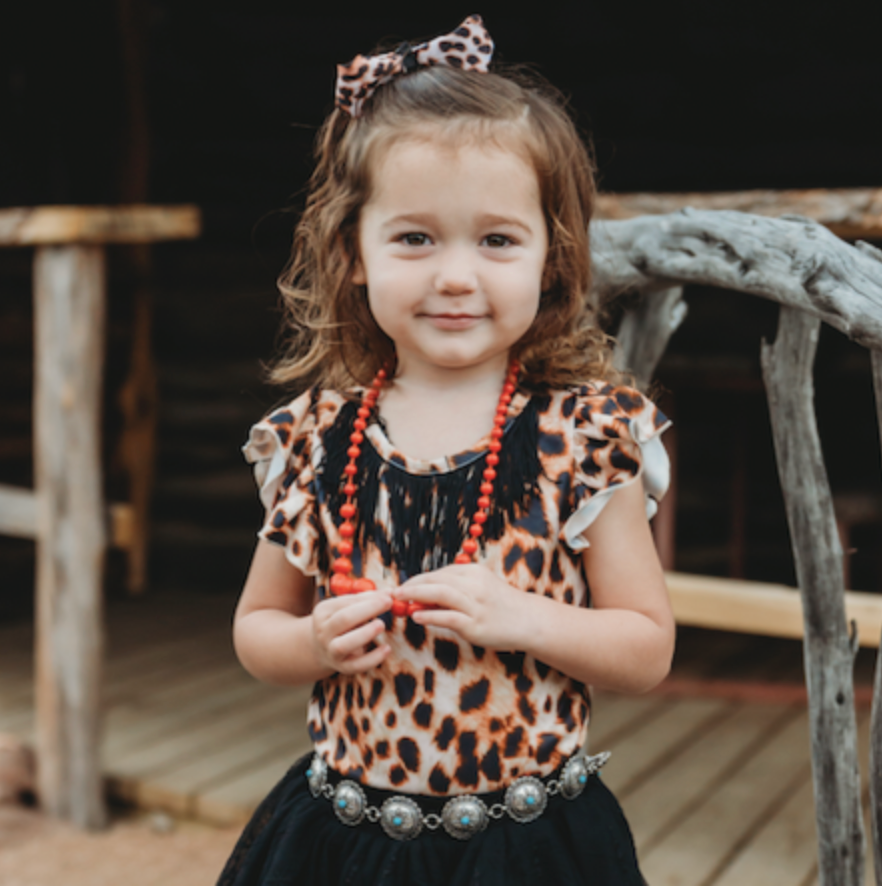 Leopard With Fringe Short Sleeve Onesie
