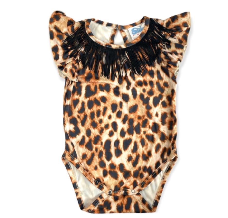 Leopard With Fringe Short Sleeve Onesie