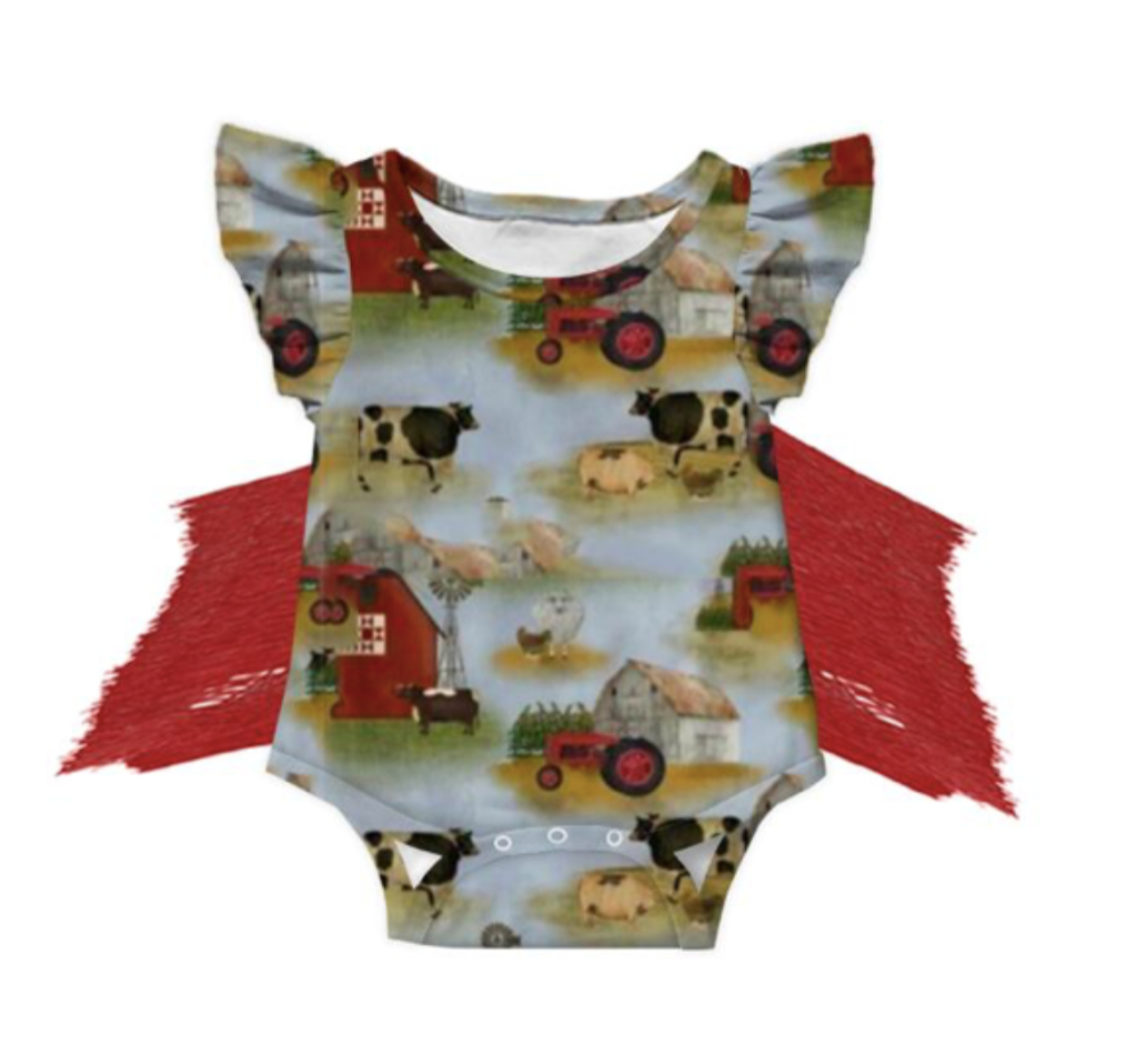 Farm Print Short Sleeve With Fringe Onesie