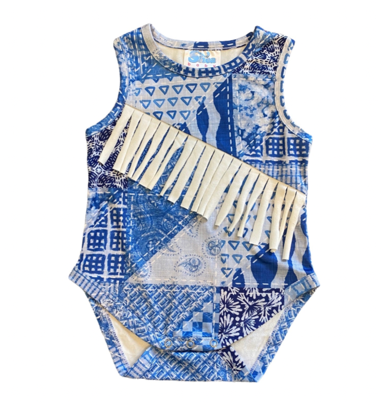 Denim Print Suede Fringe Onesie