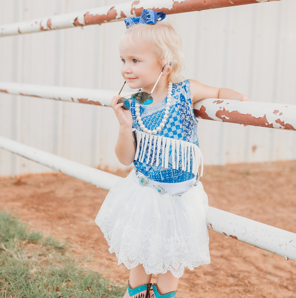 Denim Print Suede Fringe Onesie