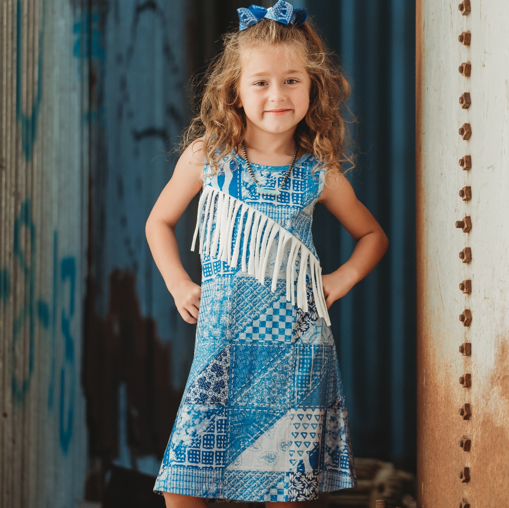 Denim Print Suede Fringe Dress