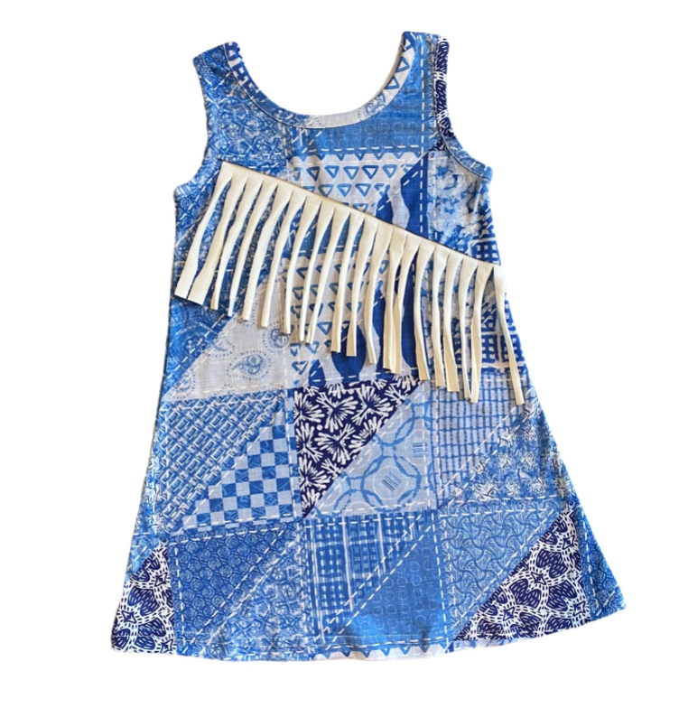 Denim Print Suede Fringe Dress