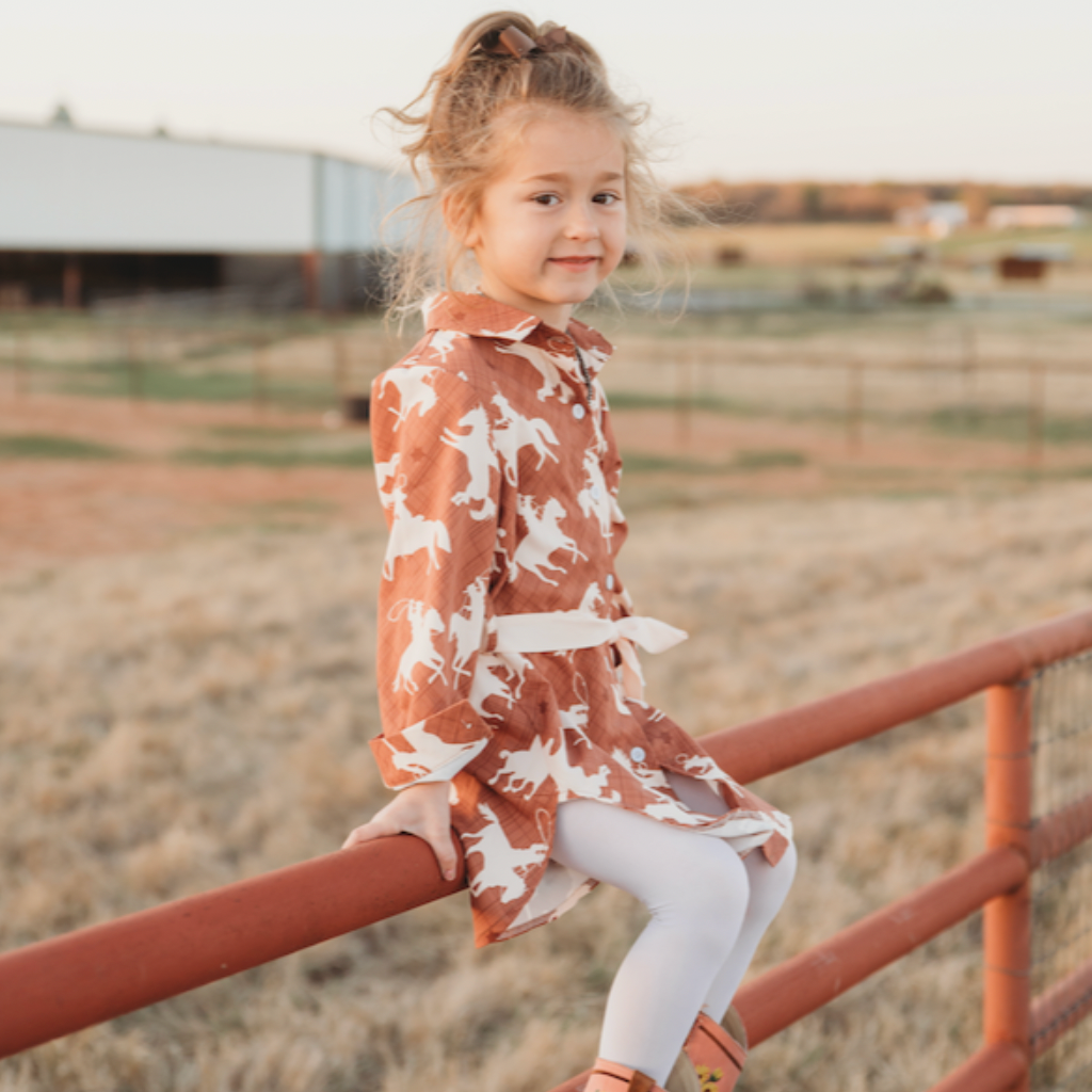 Brown Running Horse Button Up Dress