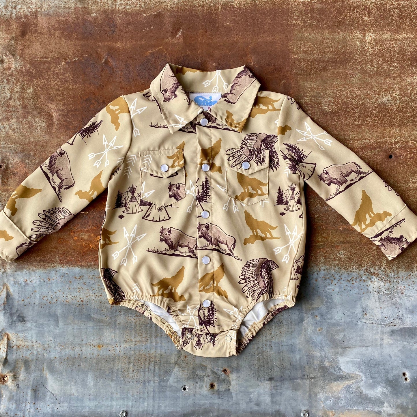 Native Green Pearl Snap Long Sleeve Onesie