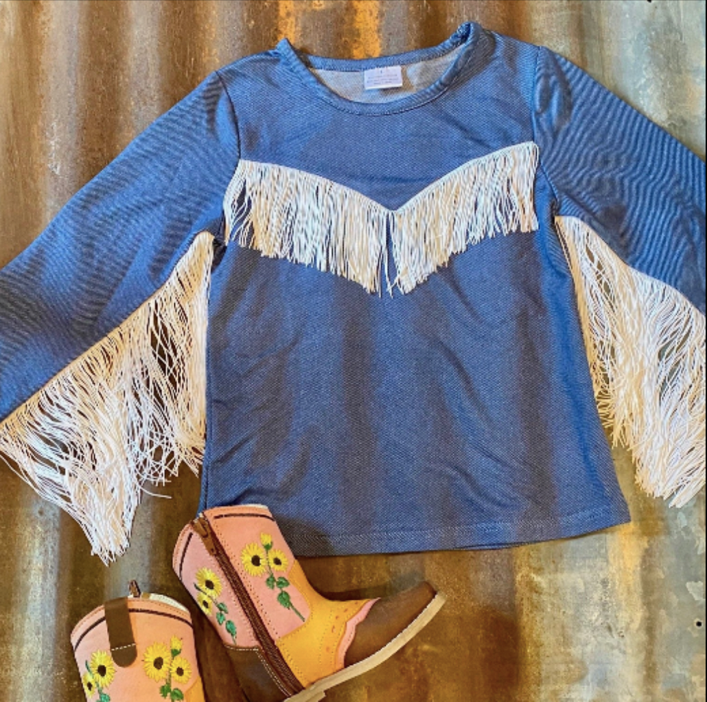 Blue Solid Long Sleeve with Fringe Shirt