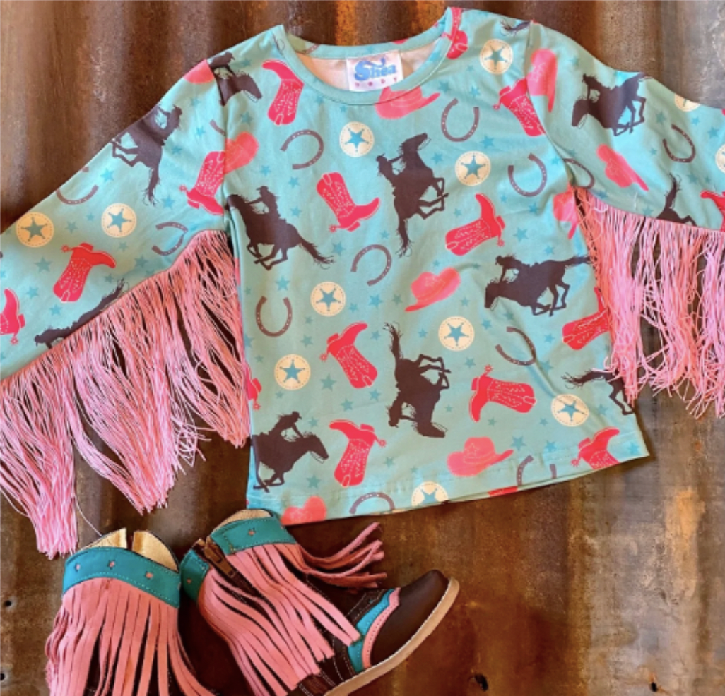Turq Cowgirl With Fringe Long Sleeve Shirt