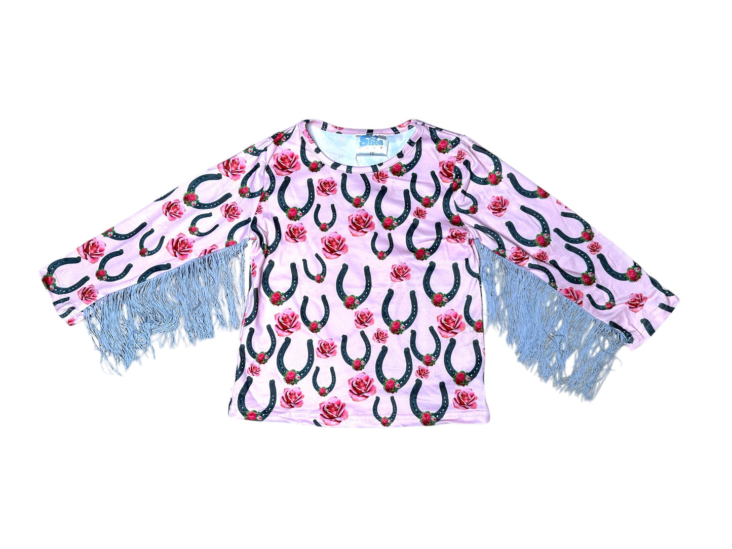 Pink Horseshoe & Rose With Fringe Long Sleeve Shirt