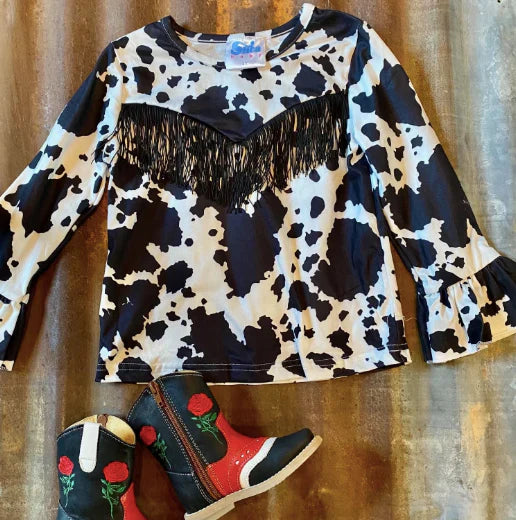 Blue Long Sleeve Cowprint with Fringe Shirt