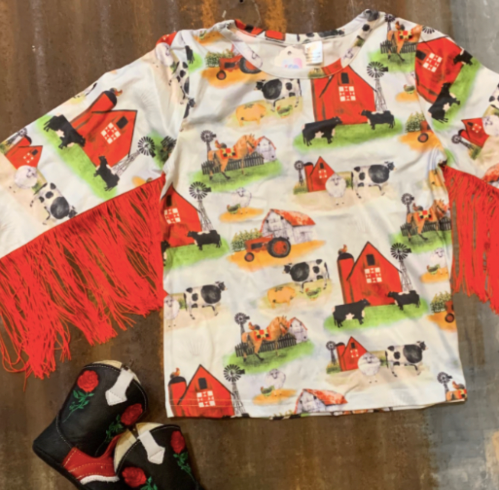 Farm Print Long Sleeve With Red Fringe Onesie