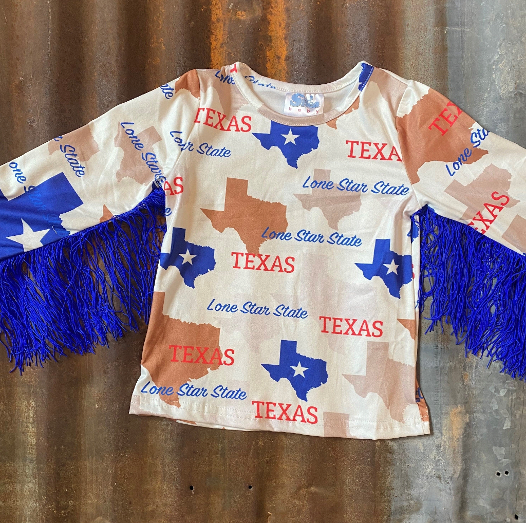 Texas Print Long Sleeve With Blue Fringe Shirt