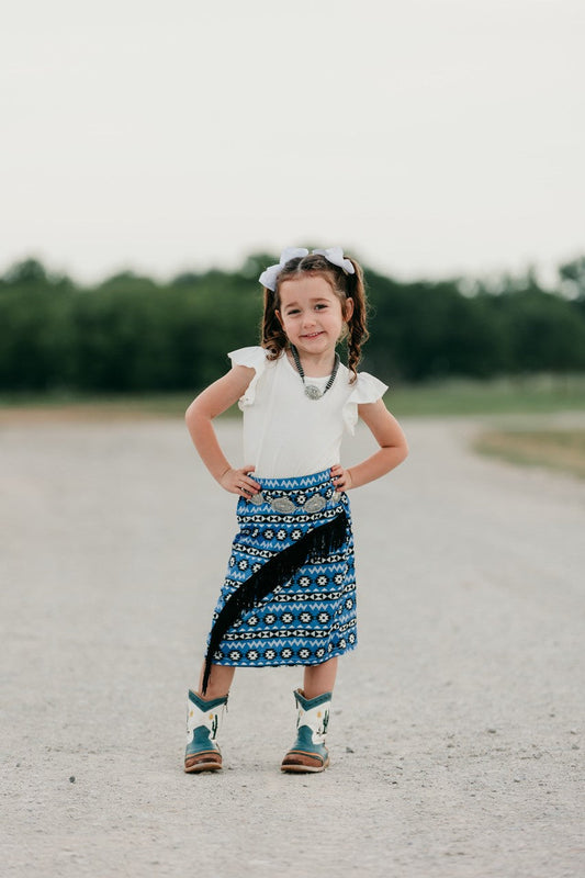 Blue Aztec Long 3/4 Fringe Skirt