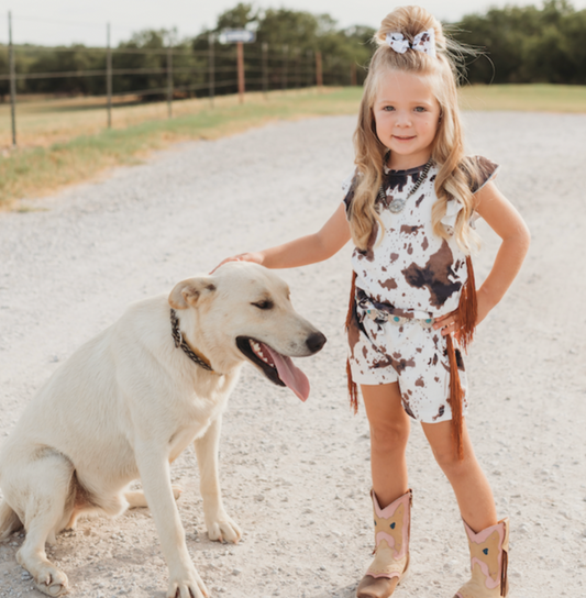 Brown Cowprint Shorts With Fringe