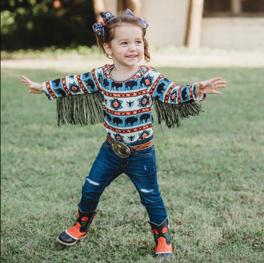 Buffalo With Fringe Long Sleeve Onesie