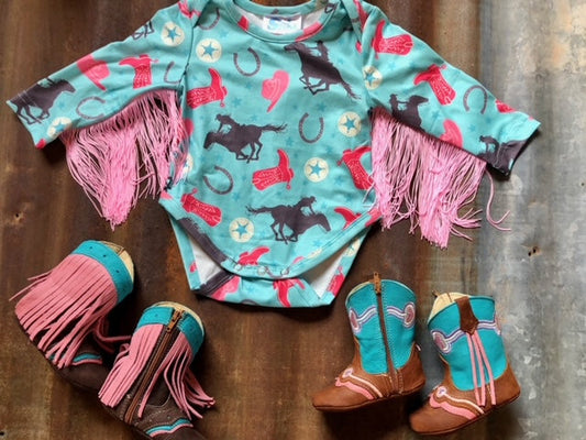 Turq Cowgirl With Fringe Long Sleeve Onesie