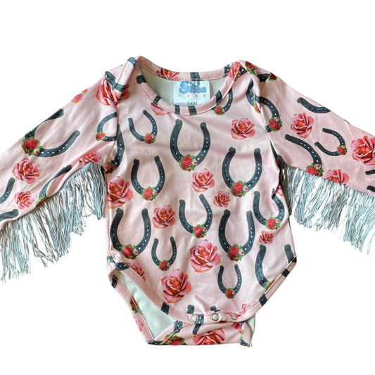 Pink Horseshoe & Rose With Fringe Long Sleeve Onesie