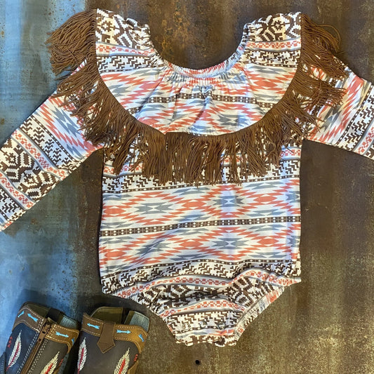 Brown Aztec Neck Fringe Long Sleeve Onesie
