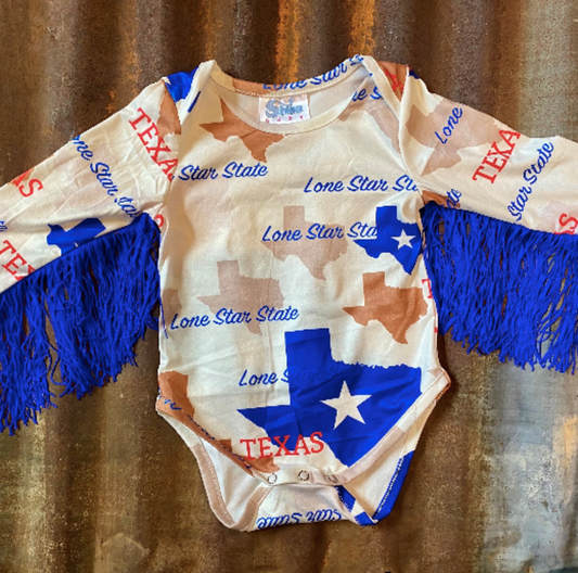 Texas Print Long Sleeve With Blue Fringe Onesie