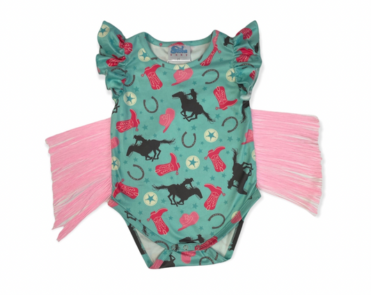 Turquoise Cowgirl With Fringe Onesie