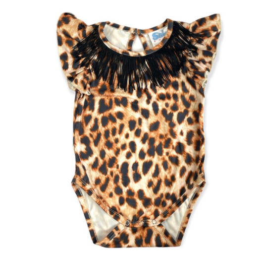 Leopard With Fringe Short Sleeve Onesie