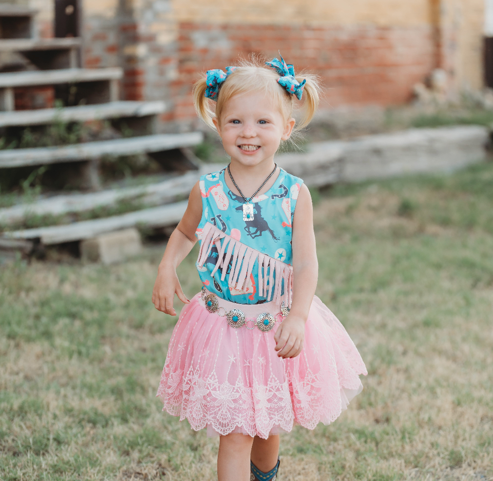 Turquoise Cowgirl Suede Fringe Onesie