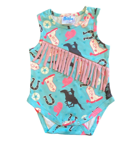 Turquoise Cowgirl Suede Fringe Onesie
