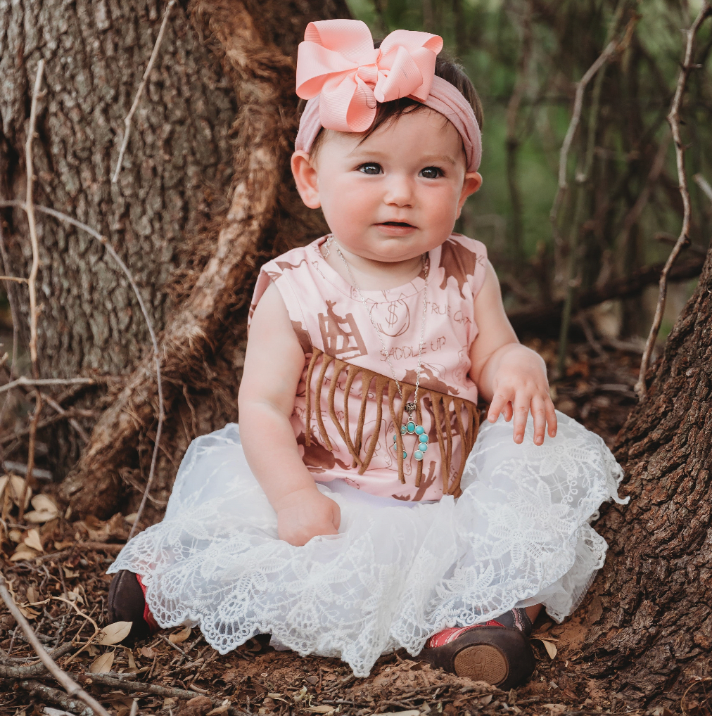 Pink Gambler Suede Fringe Onesie