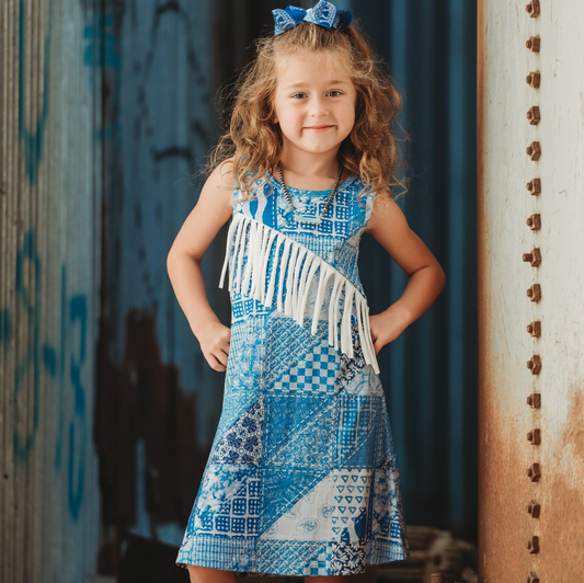 Denim Print Suede Fringe Dress