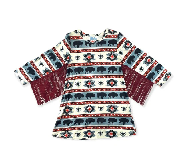 Buffalo Print Long Sleeve Fringe Dress