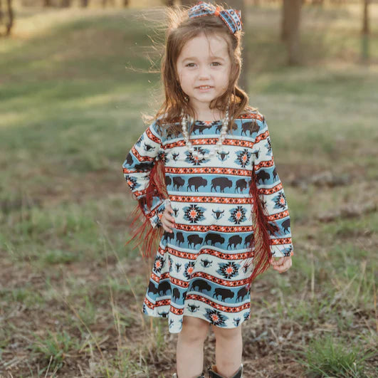 Buffalo Print Long Sleeve Fringe Dress