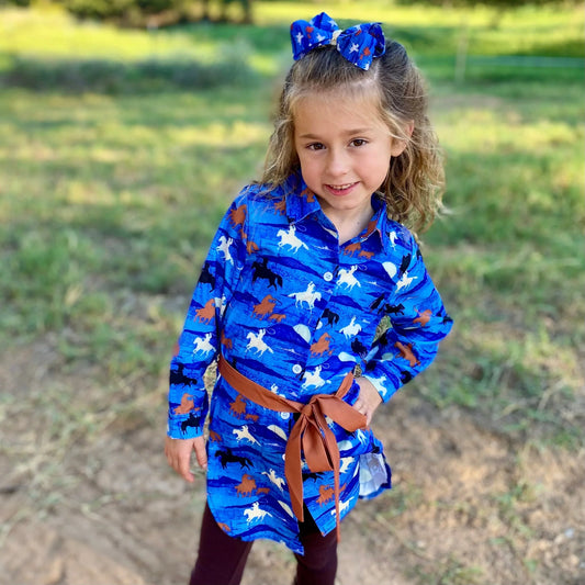 Blue Running Horse Button Up Dress