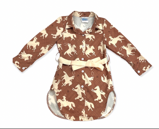 Brown Running Horse Button Up Dress
