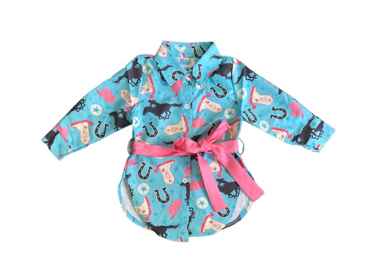 Turq Running Horse Button Up Dress