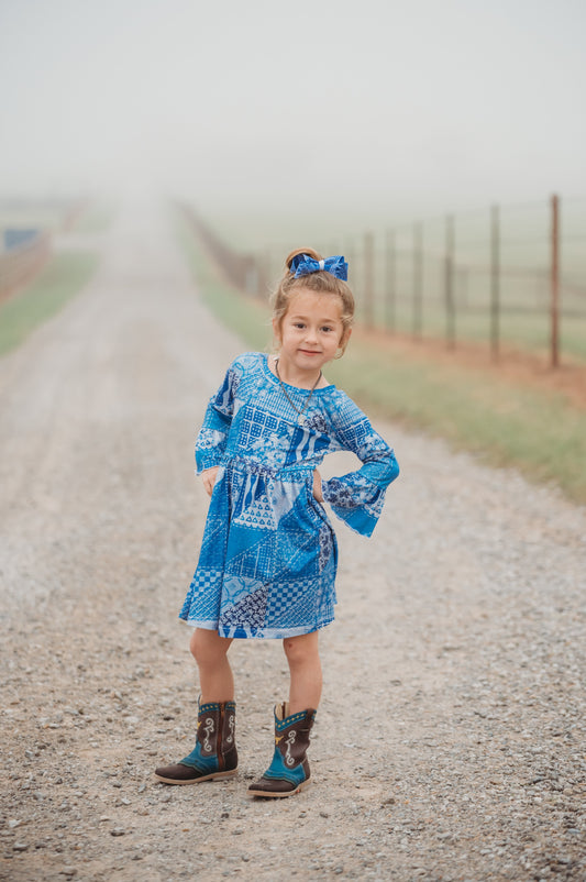 Denim Print Bell Sleeve Dress