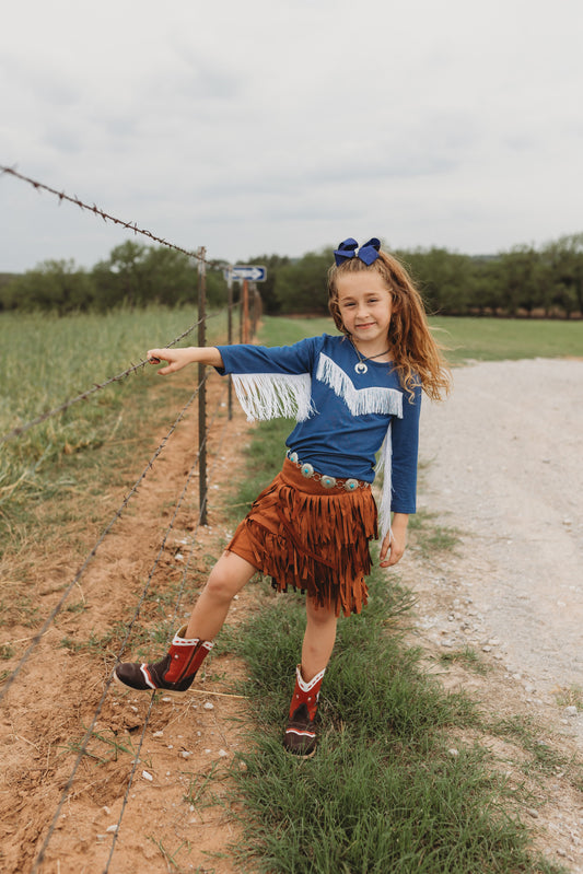 Blue Solid Long Sleeve with Fringe Shirt
