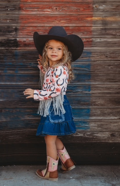 Pink Horseshoe & Rose With Fringe Long Sleeve Shirt