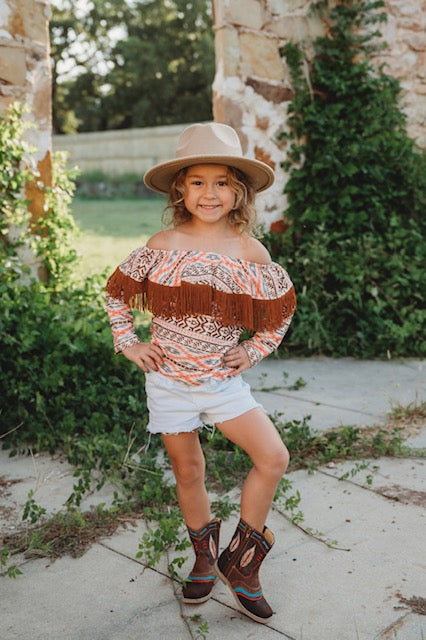 Brown Aztec Neck Fringe Long Sleeve Shirt