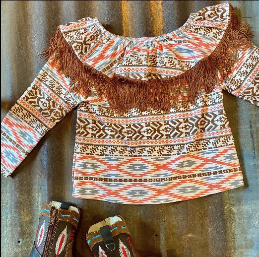 Brown Aztec Neck Fringe Long Sleeve Shirt