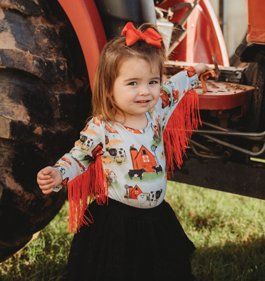 Farm Print Long Sleeve With Red Fringe Onesie