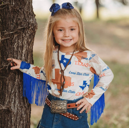 Texas Print Long Sleeve With Blue Fringe Shirt
