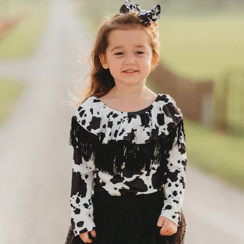 Cowprint Off the Shoulder with Fringe Shirt