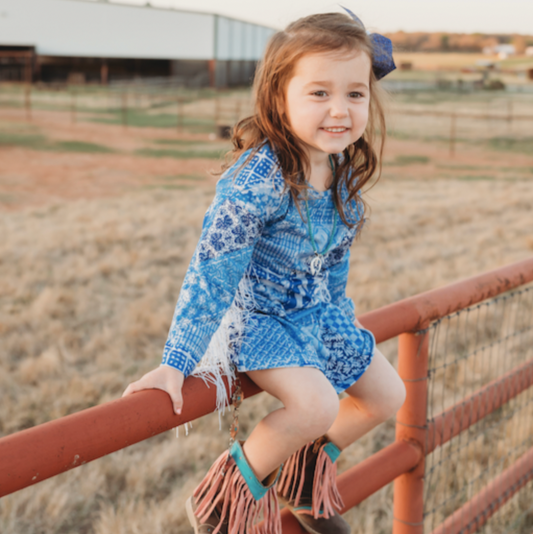 Denim Print Long Sleeve Fringe Dress