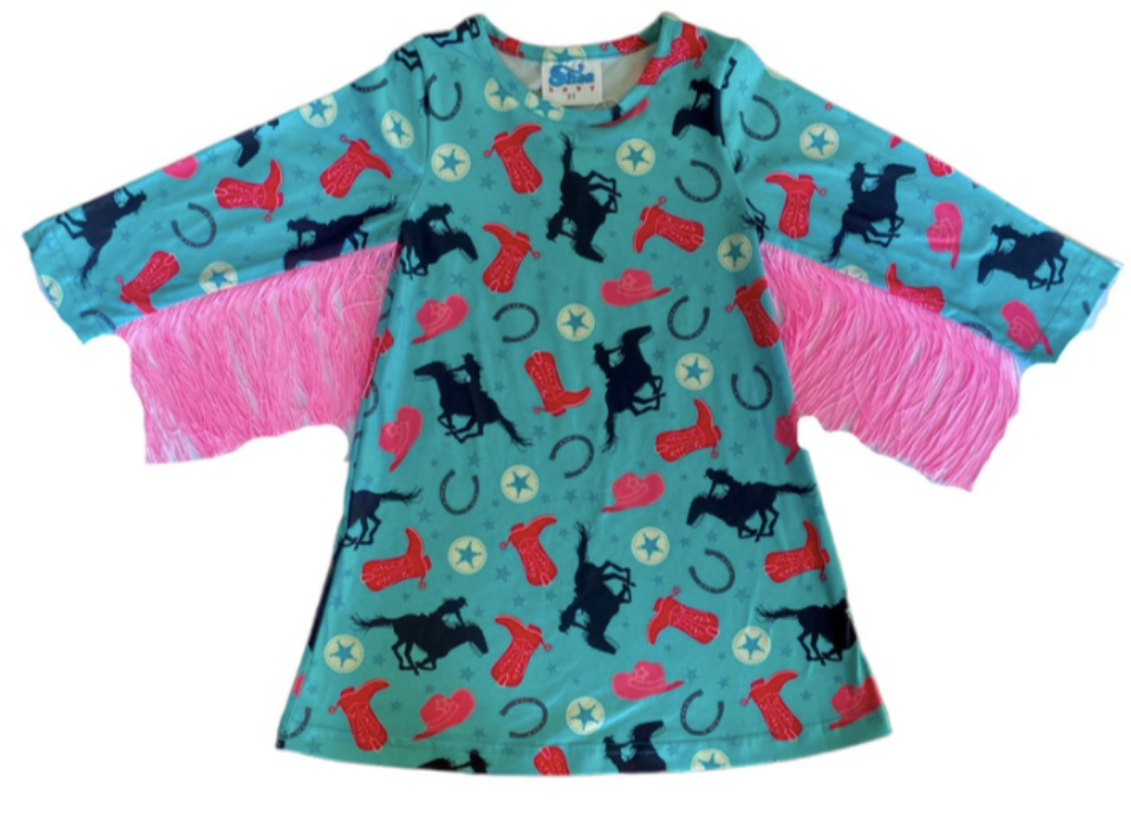 Turquoise Running Horse Dress With Fringe